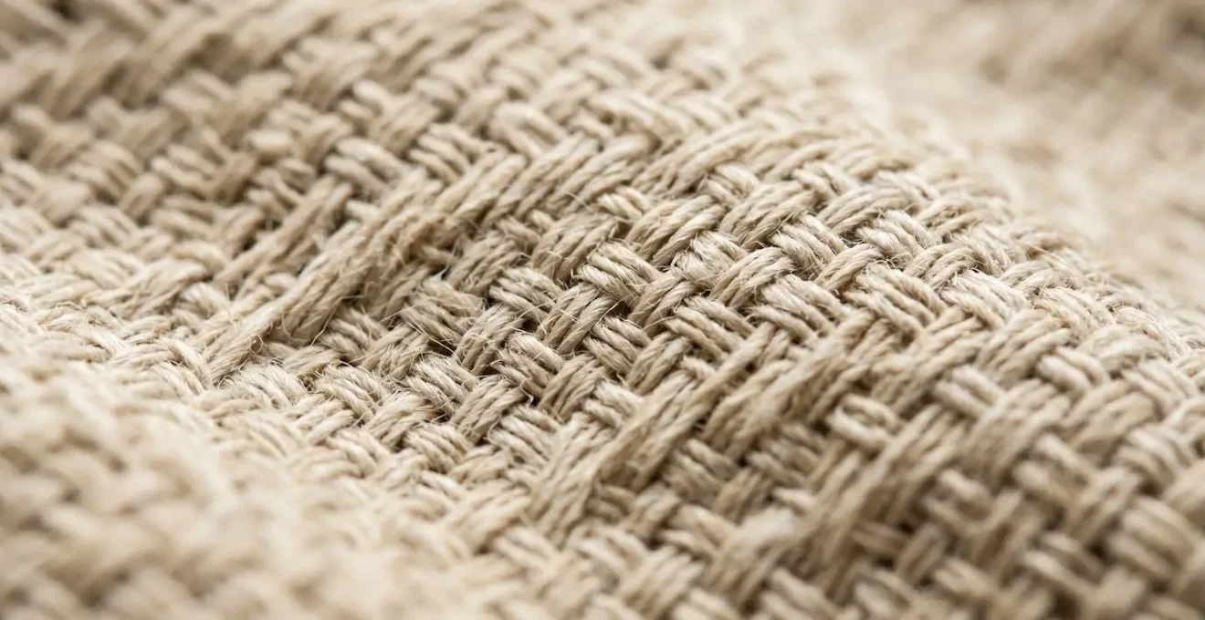 Détail macro d'un tissage dense de lin lavé montrant la structure des fibres et la stabilité du textile