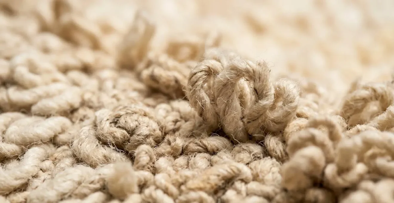 Gros plan sur les boucles irrégulières d'un tapis berbère naturel