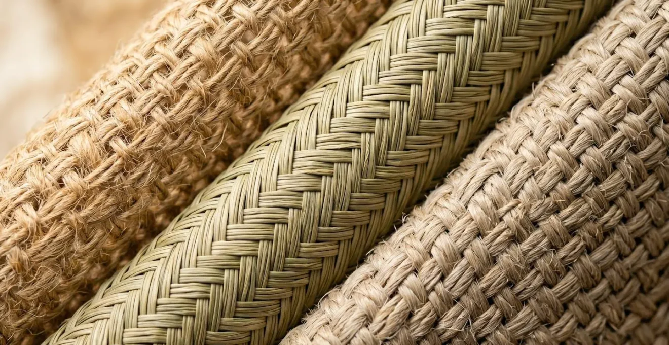 Gros plan sur les textures de fibres naturelles jute, jonc de mer et sisal pour tapis
