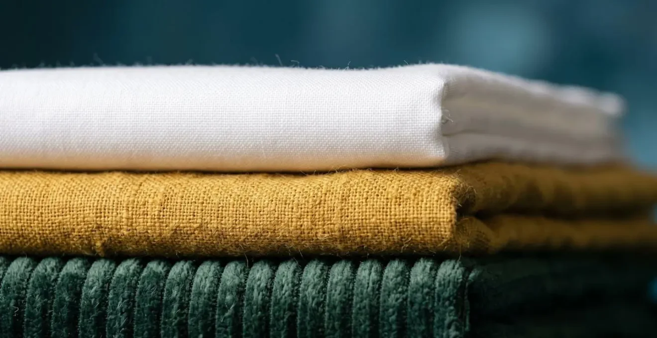 Gros plan sur des textures de linge de lit superposées : percale blanche, lin moutarde et velours vert