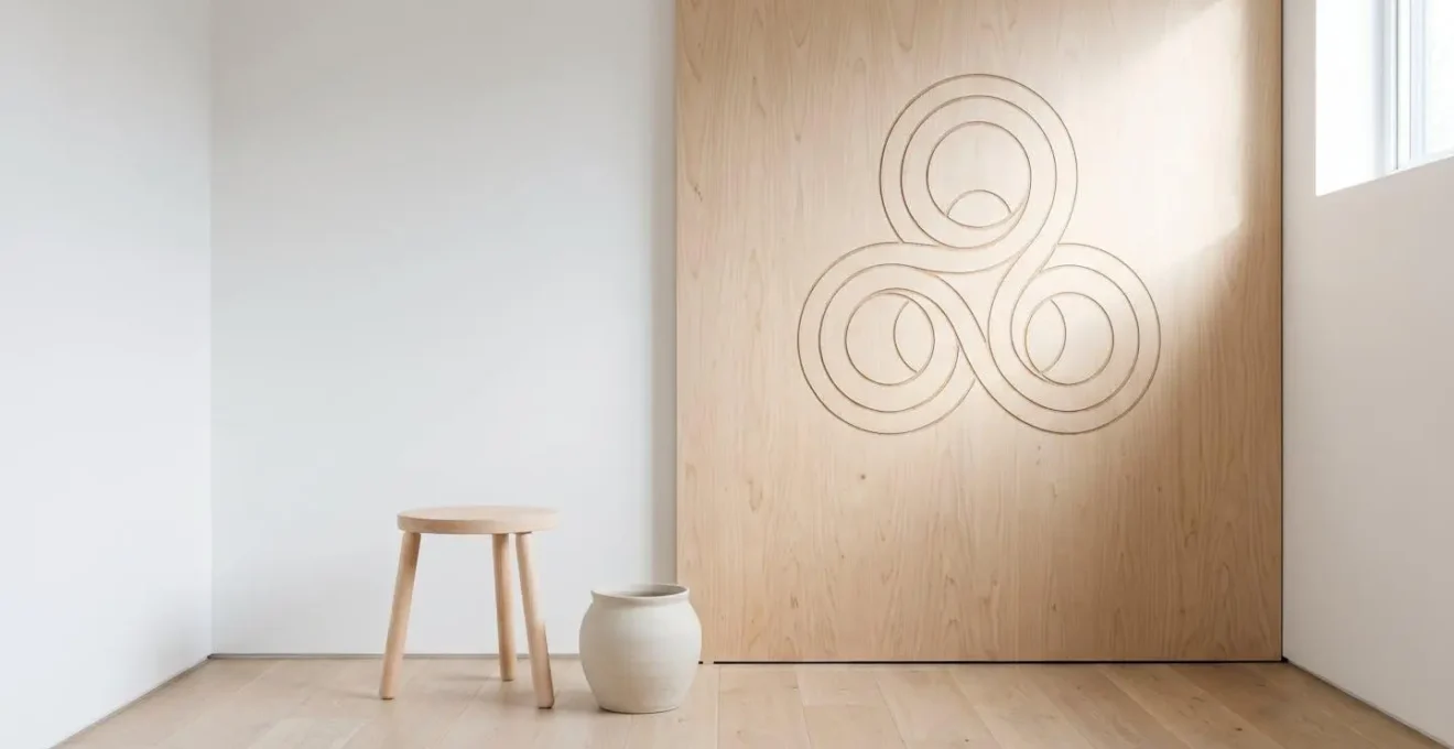 Composition minimaliste associant un triskèle géométrique épuré à des éléments de design scandinave en bois clair