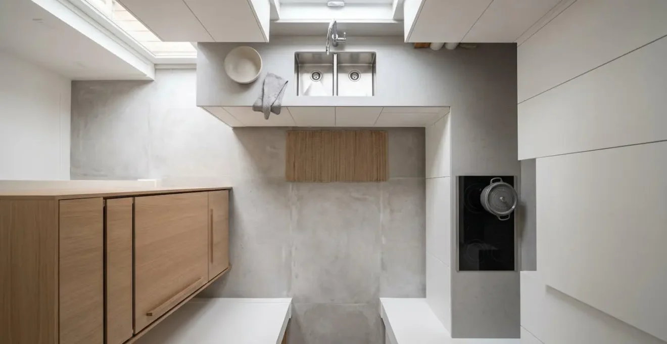 Vue aérienne épurée d'une cuisine montrant la disposition triangulaire entre évier réfrigérateur et plaque de cuisson