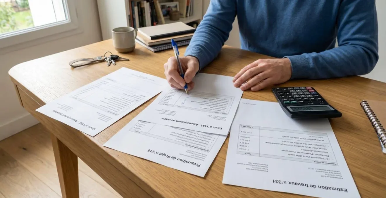 Personne comparant trois devis paysagers détaillés sur un bureau avec calculatrice et annotations