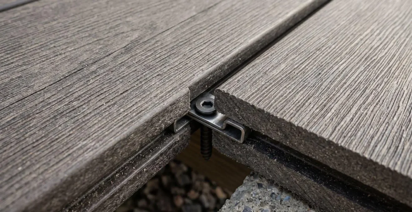 Détail de jonction entre lames de terrasse en bois composite montrant la qualité de la pose et des matériaux