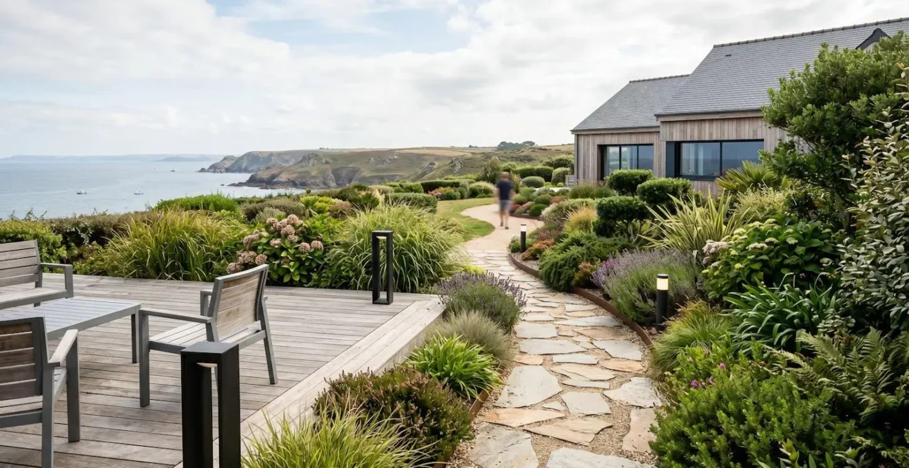 Jardin aménagé avec terrasse en bois, massifs végétaux et éclairage extérieur dans une propriété bretonne contemporaine