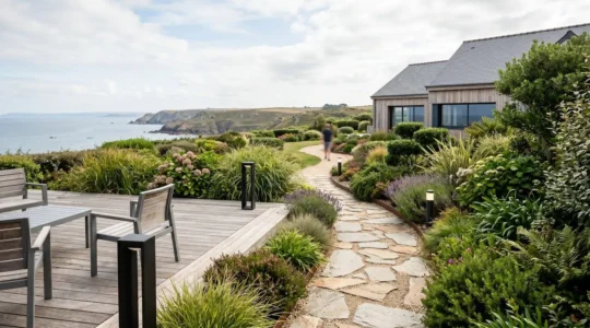 Jardin aménagé avec terrasse en bois, massifs végétaux et éclairage extérieur dans une propriété bretonne contemporaine